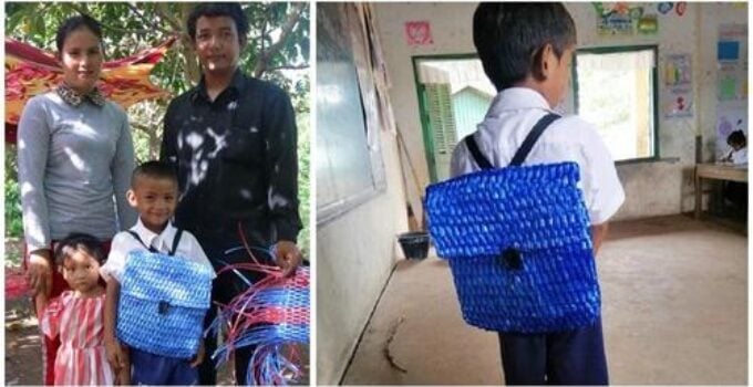 Padre humilde teje una mochila con sus propias manos para su hijo de 5 años